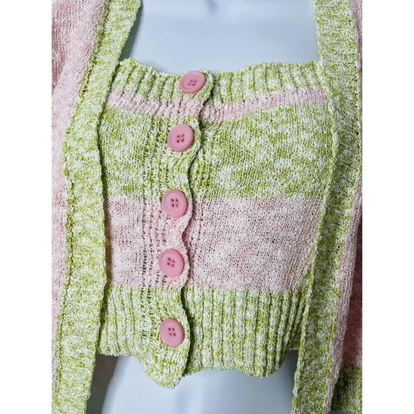 Hand Knit Cardigan & Tank S Cropped Button Soft Girl Pink Preppy Classic Stretch - Picture 2 of 10